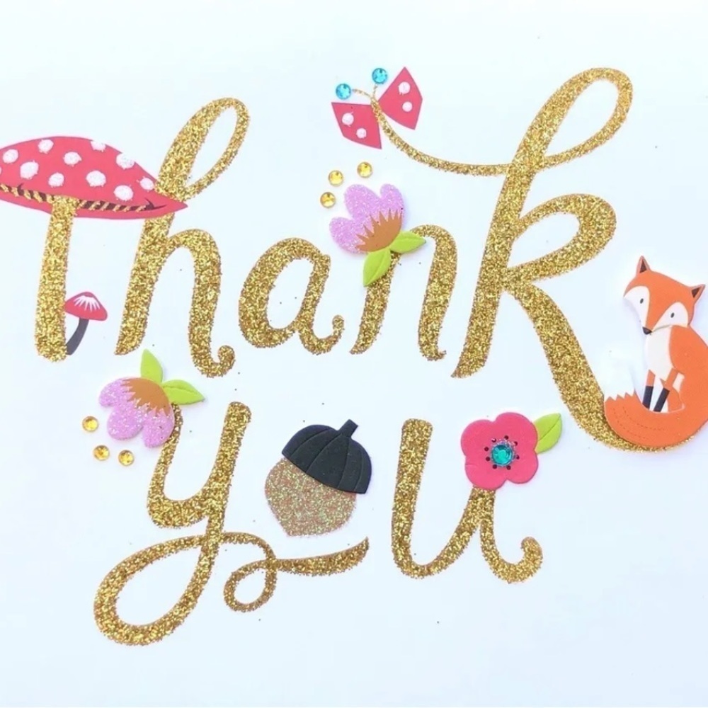 Papyrus Cute 3D Gold Glitter Fox Mushroom Forest Thank You Card, NWT
